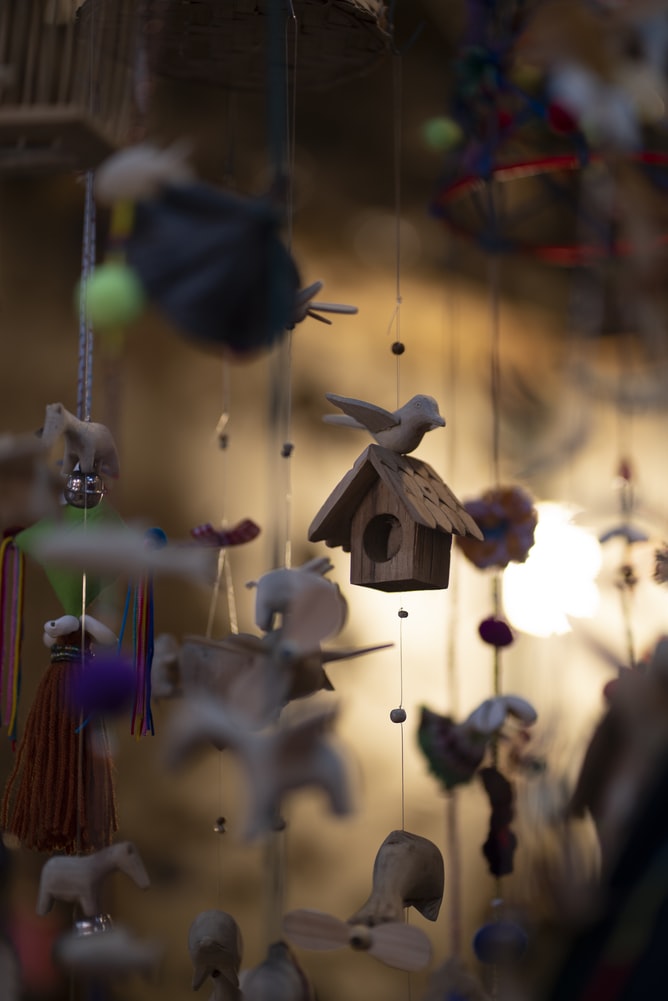 Assorted objects hanging from a mobile